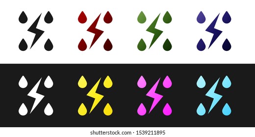 Set Storm icon isolated on black and white background. Drop and lightning sign. Weather icon of storm.  Vector Illustration