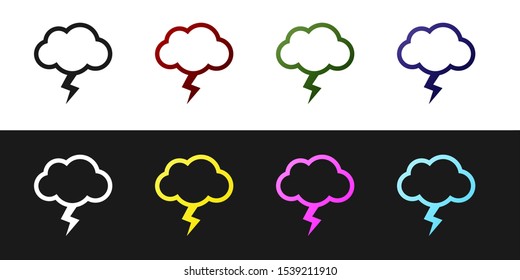 Set Storm icon isolated on black and white background. Cloud and lightning sign. Weather icon of storm.  Vector Illustration