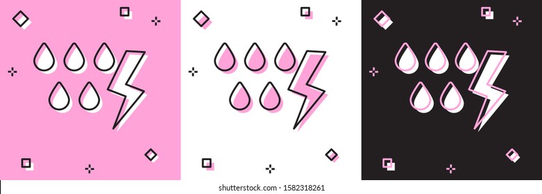 Set Storm icon isolated on pink and white, black background. Drop and lightning sign. Weather icon of storm.  Vector Illustration
