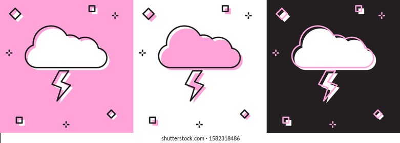 Set Storm icon isolated on pink and white, black background. Cloud and lightning sign. Weather icon of storm.  Vector Illustration
