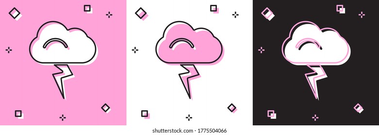 Set Storm icon isolated on pink and white, black background. Cloud and lightning sign. Weather icon of storm. Vector Illustration