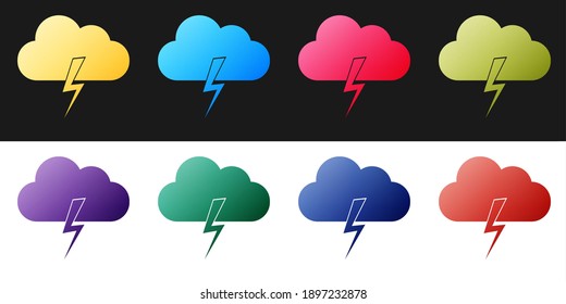 Icono de Establecer tormenta aislado en fondo blanco y negro. Señal de nube y relámpago. Icono meteorológico de la tormenta. Vector.