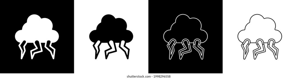 Set Storm icon isolated on black and white background. Cloud and lightning sign. Weather icon of storm.  Vector