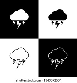 Set Storm icons isolated on black and white background. Cloud and lightning sign. Weather icon of storm. Line, outline and linear icon. Vector Illustration