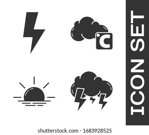 Set Storm, Lightning bolt, Sunrise and Celsius and cloud icon. Vector