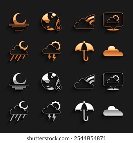 Set Storm, Location cloud, Cloud, Umbrella, with rain and moon, Rainbow clouds, Sunset and Water drop percentage icon. Vector