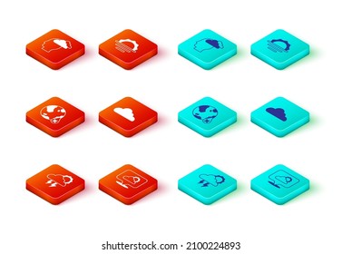Set Storm, Location cloud, Water drop percentage, Cloud, Sunrise and Man having headache icon. Vector