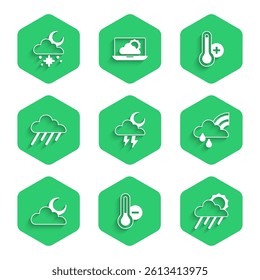 Set Storm, Meteorology thermometer, Cloud with rain and sun, Rainbow cloud, moon,  and snow icon. Vector