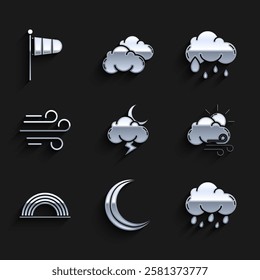 Set Storm, Moon and stars, Cloud with rain, Windy weather, Rainbow clouds,  and Cone meteorology windsock wind vane icon. Vector