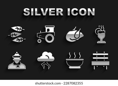 Set Storm, Mulled wine, Bench, Bowl of hot soup, Autumn clothes, Roasted turkey chicken, Leaf leaves and Tractor icon. Vector