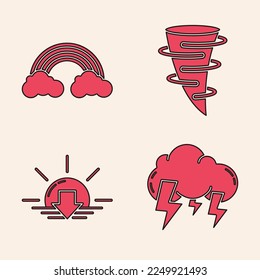 Set Storm, Rainbow with clouds, Tornado and Sunset icon. Vector