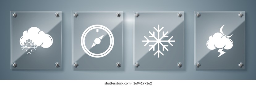 Set Sturm, Schneeflocke, Wind Rose und Wolke mit Schnee. Viereckige Glasplatten. Vektorillustration