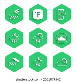 Set Storm, Sun and cloud weather, Weather forecast, Cloud with rain, moon,  and Rainbow icon. Vector
