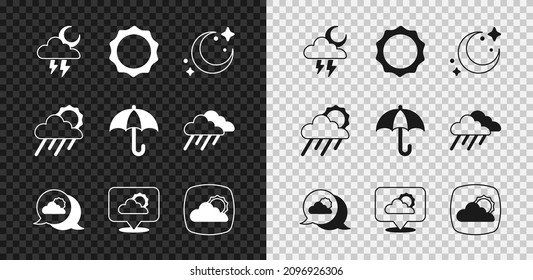 Set Storm, Sun, Moon and stars, Location cloud, Weather forecast, Cloud with rain sun and Umbrella icon. Vector