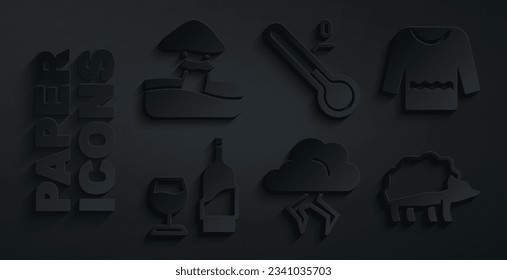 Set Storm, Sweater, Wine bottle with glass, Hedgehog, Meteorology thermometer and Mushroom icon. Vector
