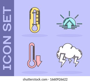 Coloque el icono Tormenta, Termómetro, Termómetro y Amanecer. Vector