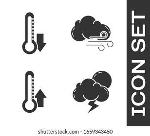 Coloque el icono Tormenta, Termómetro, Termómetro y Clima Windy. Vector