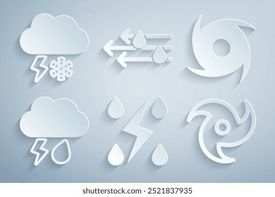 Set Storm, Tornado, Cloud with rain and lightning, Wind and snow icon. Vector
