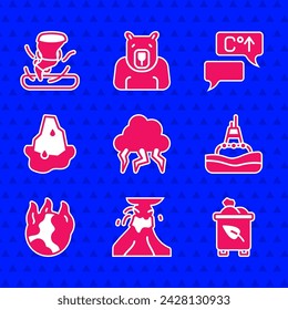Set Storm, Volcano eruption with lava, Recycle bin recycle, Floating buoy the sea, Global warming fire, Glacier melting,  and Tornado icon. Vector