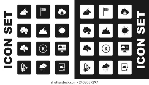 Set Storm warning, Cloud with moon, rain, Sun, Cone windsock wind vane, Weather forecast and  icon. Vector