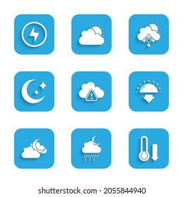 Set Storm warning, Cloud with rain and moon, Meteorology thermometer, Sunset, Moon stars, snow sun and Lightning bolt icon. Vector