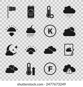 Set Storm warning, Weather forecast, Sun and cloud weather, Meteorology thermometer, Cloud with rain moon, Sunset, Cone windsock wind vane and Kelvin icon. Vector