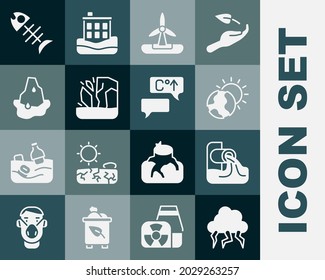 Set Storm, Wastewater, Global Warming, Wind Turbine, Glacier Melting, Dead Fish And  Icon. Vector