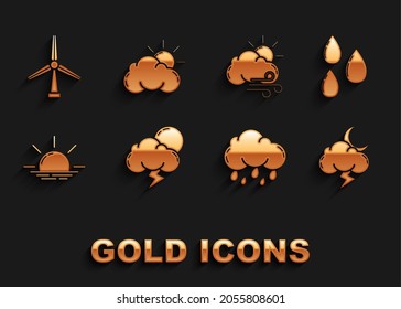Sturm, Wassertropfen, Wolke mit Regen, Sonnenaufgang, Wind Wetter, Turbine und Wolke Symbol. Vektorgrafik