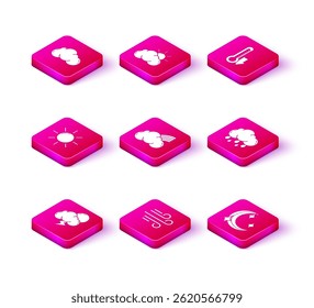 Set Storm, Wind, Sun, Rainbow with clouds, Moon and stars, Cloud rain, Thermometer and weather icon. Vector