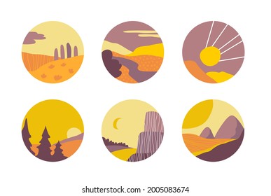 Set of story highlight covers icons or logo. Landscape theme. Nature in circles. Story Buttons with abstract design. Vector