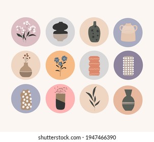 Set of Story highlights icons. Colorful circles with a variety of illustrated elements, flowers, vases. Icon pack for social media feed.