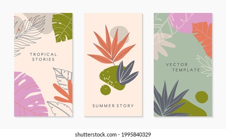 Set of story insta templates with tropical palm leaves.Bright vector summer layouts with copy space for text.Bright vibrant banners.Trendy designs for social media marketing,digital post,prints.
