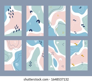 Set of story template collection with abstract hand drawn elements. Social media stories wallpaper set. Vector illustration. 