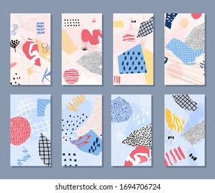 Conjunto de colección de plantillas de historia con elementos dibujados a mano abstractos. Colección de papel tapiz de historias en medios sociales. Ilustración vectorial. 