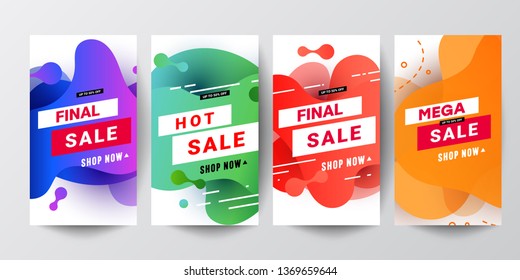 set of story template collection with wave liquid gradient splashes and copy space for text - bright vibrant banners, posters, cover design templates, social media stories wallpapers