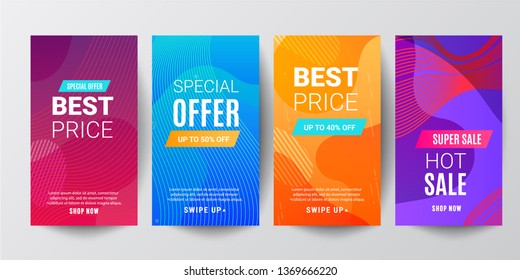 set of story template collection with wave liquid gradient splashes and copy space for text - bright vibrant banners, posters, cover design templates, social media stories wallpapers