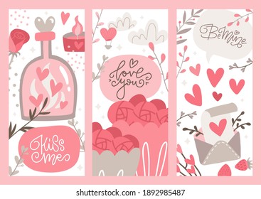 Set of Story templates for social media. Retro vintage Valentine's Day theme. Vector flat Illustration with hearts, flowers and branches in pastel colours. Background for stories