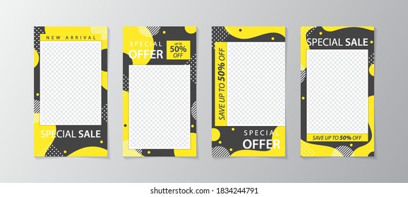 Conjunto de plantillas de historia.Diseño de vector. Antecedentes de diseño para historias de medios sociales. Montaje de Burlas por Historias de Medios Sociales. con diseño abstracto y memphis