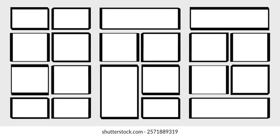 set storyboard layout template for rapidly create the comic book style. A4 design of paper ratio is fit for print out. Vector isolated banners frame, handmade black ink sketch in paint brush style 