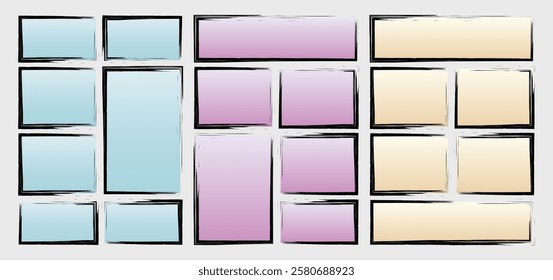 set storyboard layout template for rapidly create the comic book style. A4 design of paper ratio is fit for print out. Vector isolated grunge banners frame handmade sketch in paint brush style 