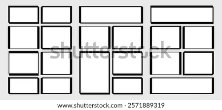 set storyboard layout template for rapidly create the comic book style. A4 design of paper ratio is fit for print out. Vector isolated banners frame, handmade black ink sketch in paint brush style 