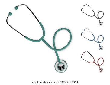 Set of stothoscope 3d render. Medical equipment. Diagnostics of heart and lung health. Vector illustration
