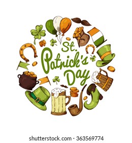 Set of St.Patrick's Day elements. Hand drawn collection of icons. Vector symbols on white background for your design