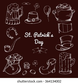 Set of St.Patrick's Day elements. Hand drawn collection of icons. Vector symbols on white background for your design
