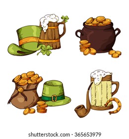 Set of St.Patrick's Day elements. Hand drawn collection of icons. Vector symbols on white background for your design