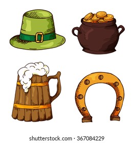Set of St.Patrick's Day elements. Hand drawn collection of icons. Vector symbols on white background for your design