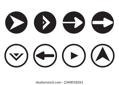 Set of straight black arrows isolated on white. Arrow icon, cursor. Vector illustration.