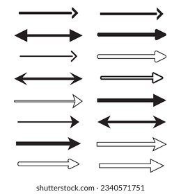Satz von geraden schwarzen Pfeilen einzeln auf weiß. Pfeilsymbol, Cursor. Vektorgrafik.