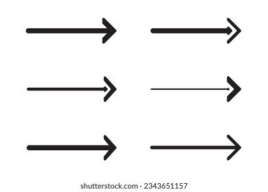 Set of straight black arrows isolated on white. Arrow icon, cursor. Vector illustration.