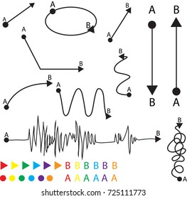 Set of straight and complicated paths from A to B on transparent  background. Problem, solution and choice concept. High resolution, vector illustration. You can change colors easy. 